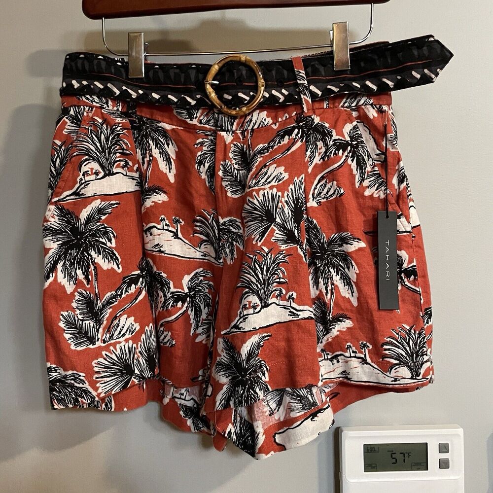 Tahari Shorts Linen Tropical Leaf Palm Beach Summer Lightweight belt size 6 New
